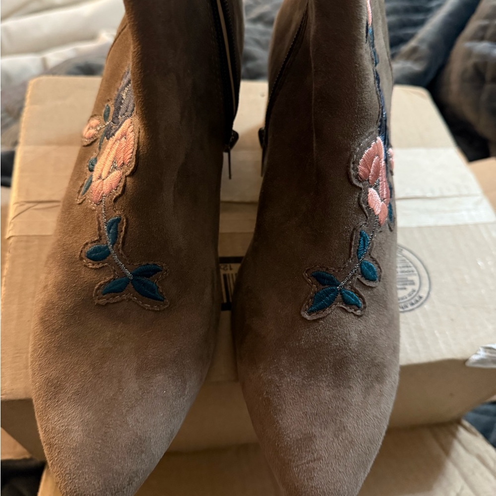 Embroidered Brown Suede Ankle Boots